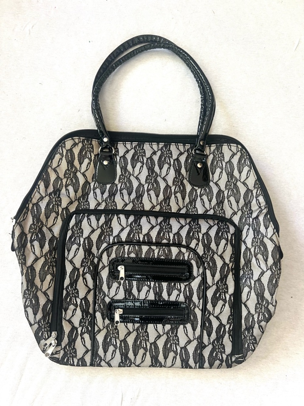 Weekender Elegant Luxury Black Lace-Overlay Tote with Patent Trim